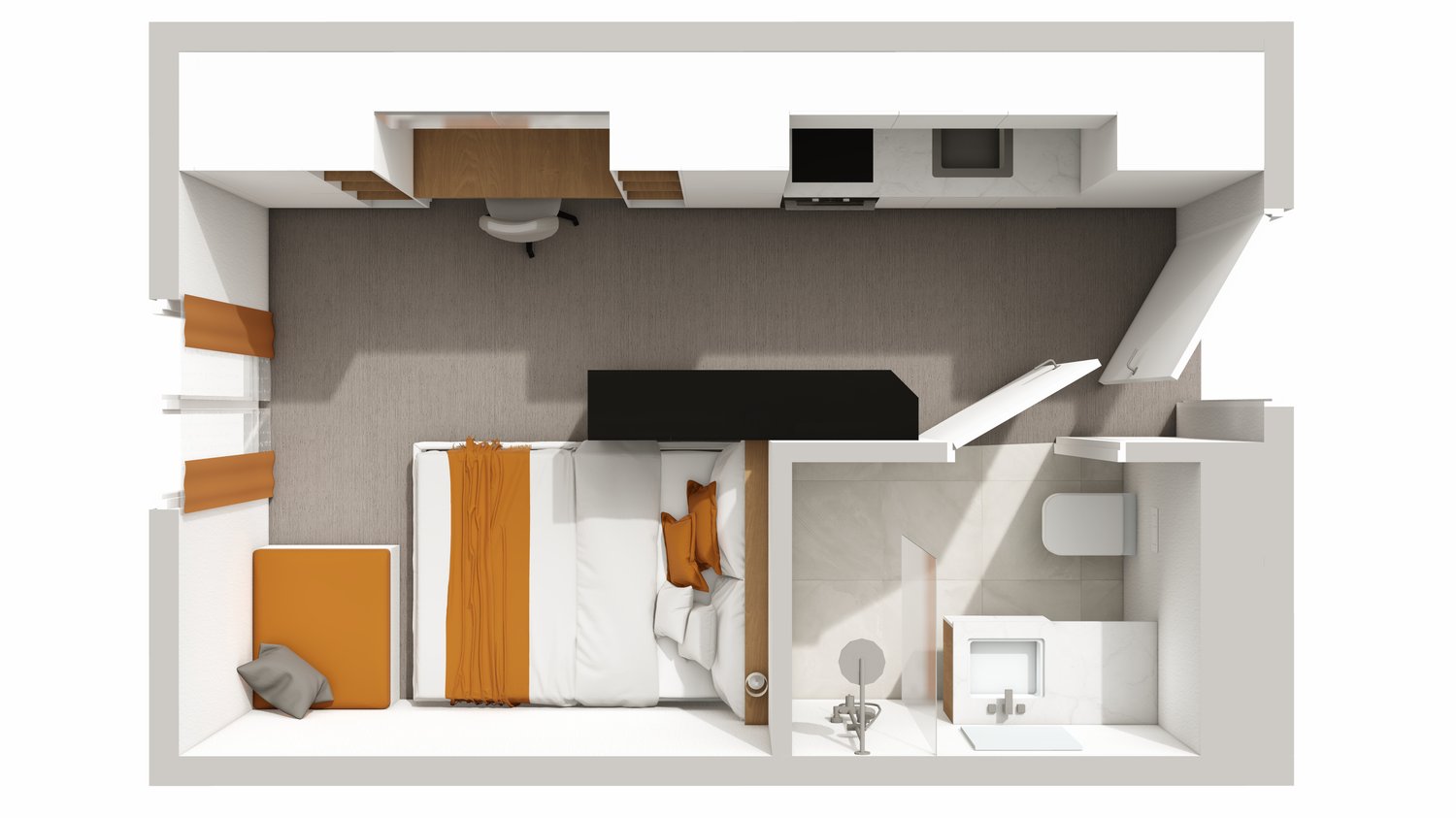 compact layout with a bedroom, bed, nightstand, bathroom with toilet, washbasin, and small shower, kitchen area with sink, microwave, and desk with chair