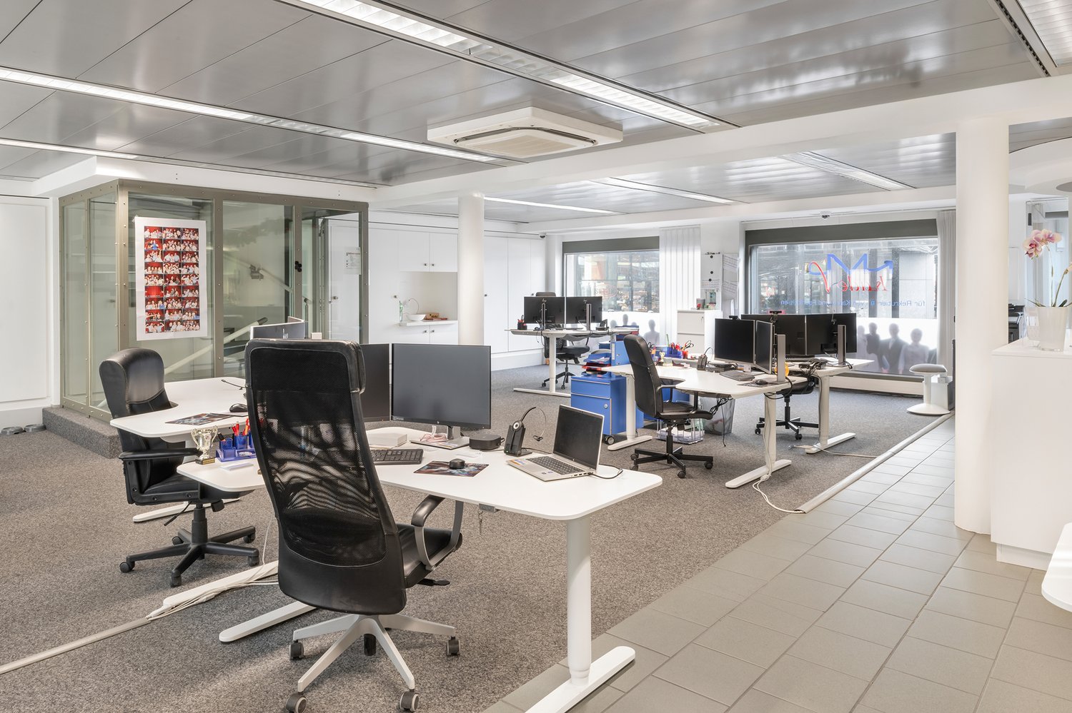 modern office layout, multiple desks, ergonomic chairs, computer monitors, adjustable height tables, large windows, white ceiling and floor