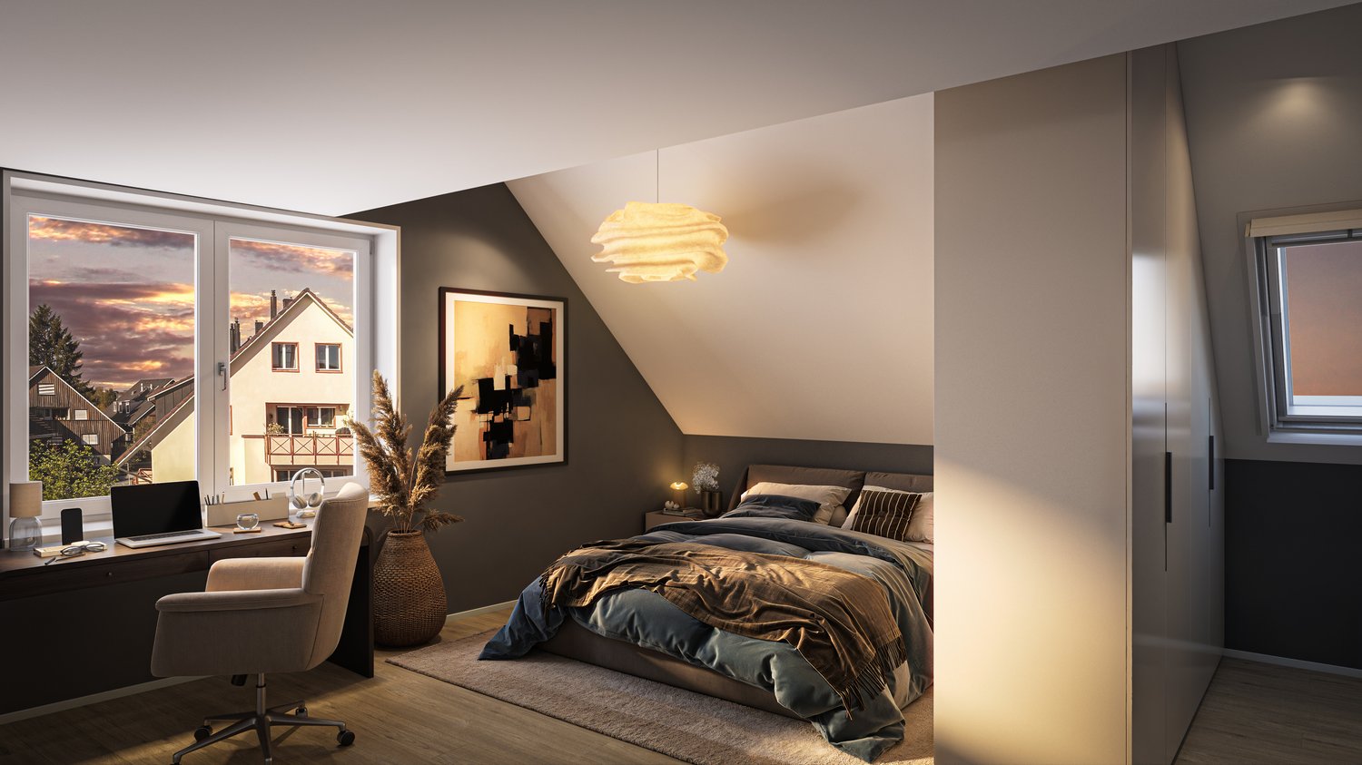 Bedroom with bed, desk, chair, picture frame, rug, ceiling lamp, and two windows overlooking the view