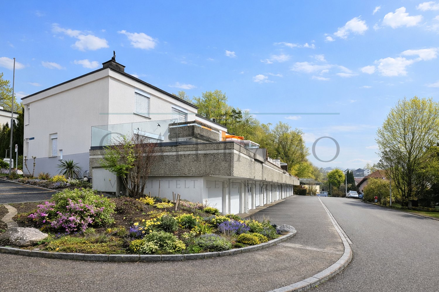 modern white house, raised ground floor, balcony, garden, parking place
