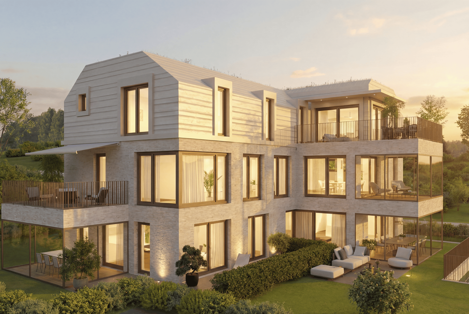 3 story building with multiple balconies and a terrace