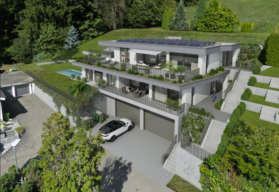 modern house, solar panels, swimming pool, garage, raised ground floor, balcony, view